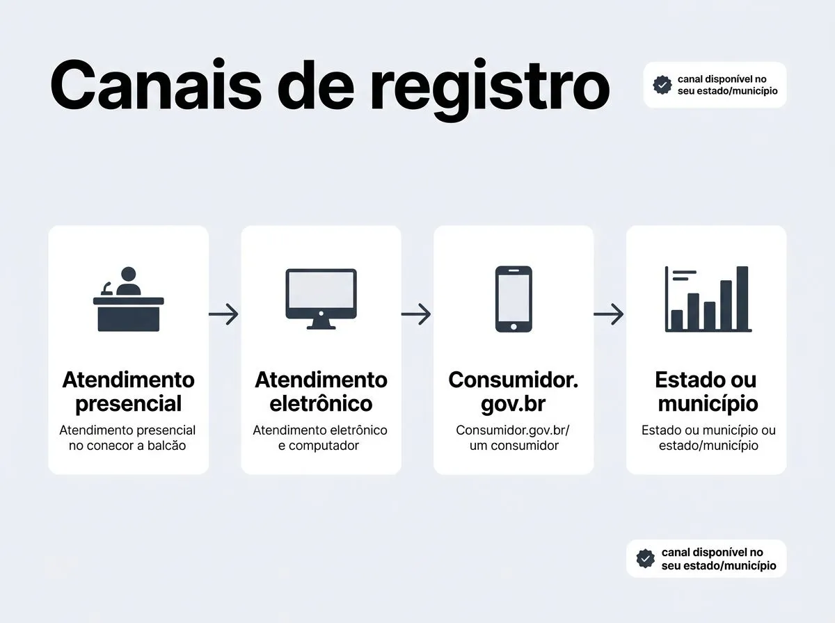 Infográfico mostrando os canais para registrar reclamação no Procon, com ícones e rótulos curtos.