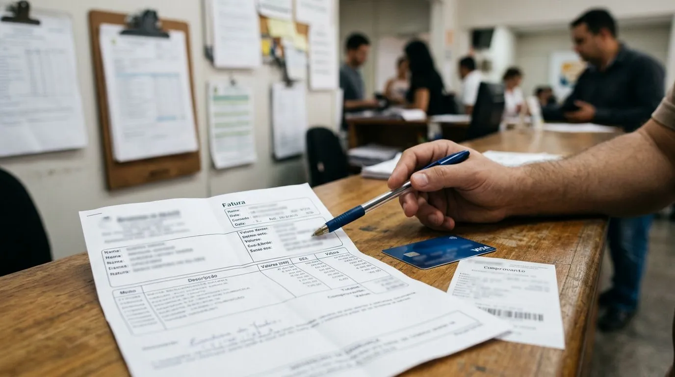 Documentos e uma fatura desfocados em uma mesa, representando cobranças indevidas sem mostrar texto legível.