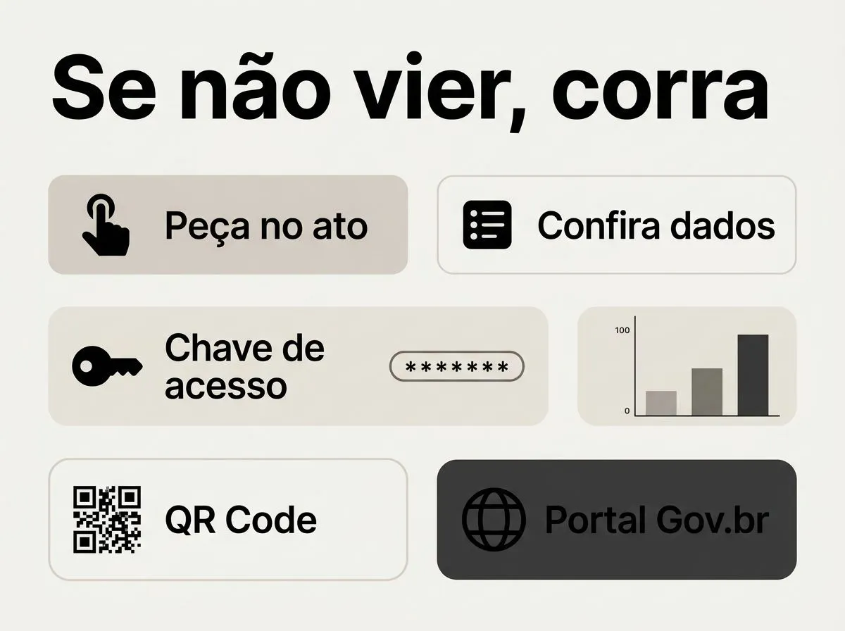 Infográfico com passos para solicitar nota fiscal e consultar por chave e QR Code, além de riscos por falta de comprovante
