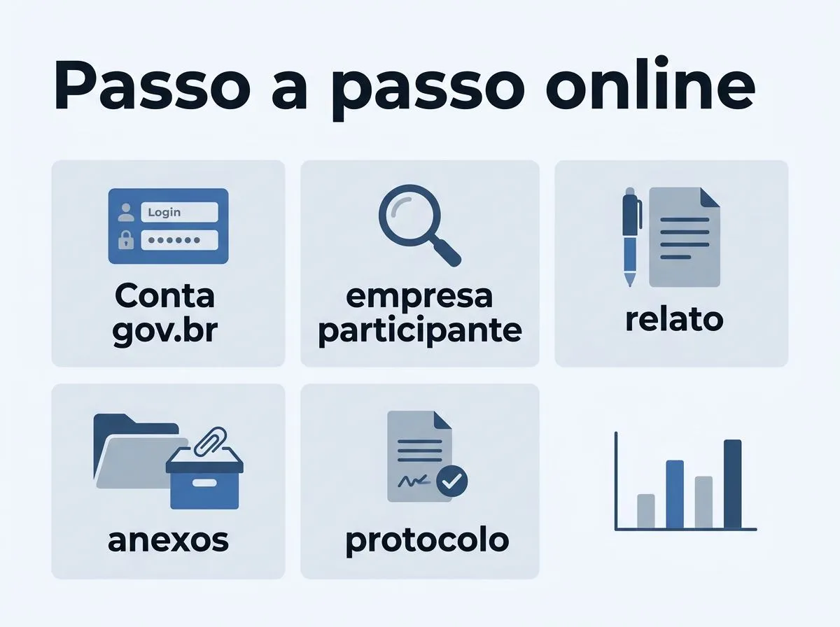 Infográfico com passos para registrar reclamação no consumidor.gov.br, com ícones e sequência visual.
