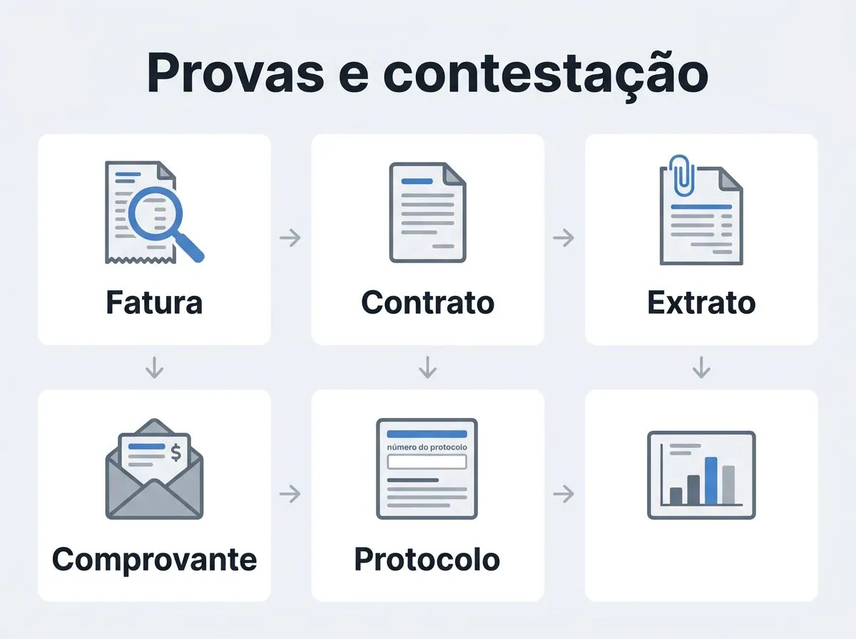 Infográfico com passos para contestar cobrança e reunir documentos.