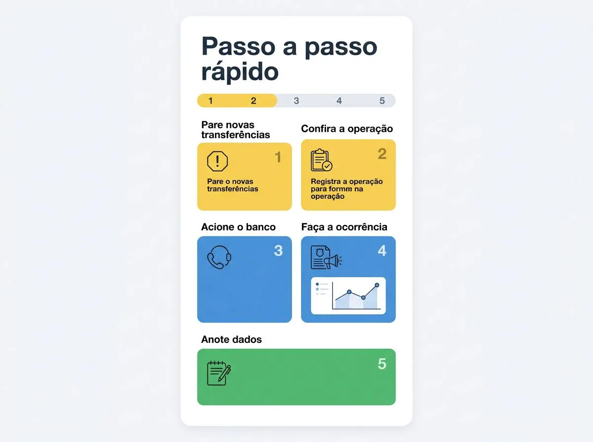Infográfico com passos iniciais após golpe do Pix, com ícones e rótulos curtos.