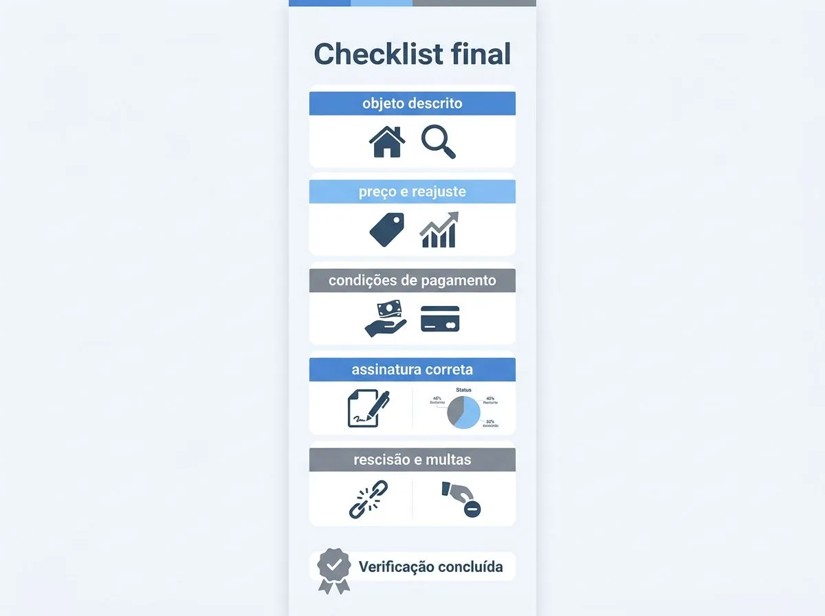 Infográfico de checklist final antes de assinar contrato com itens de verificação.