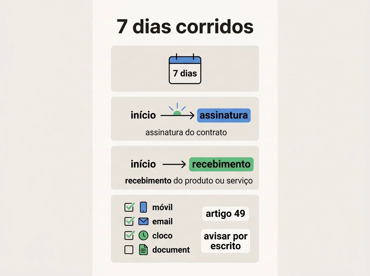 Infográfico mostrando como contar 7 dias corridos e quando começa o prazo da desistência.