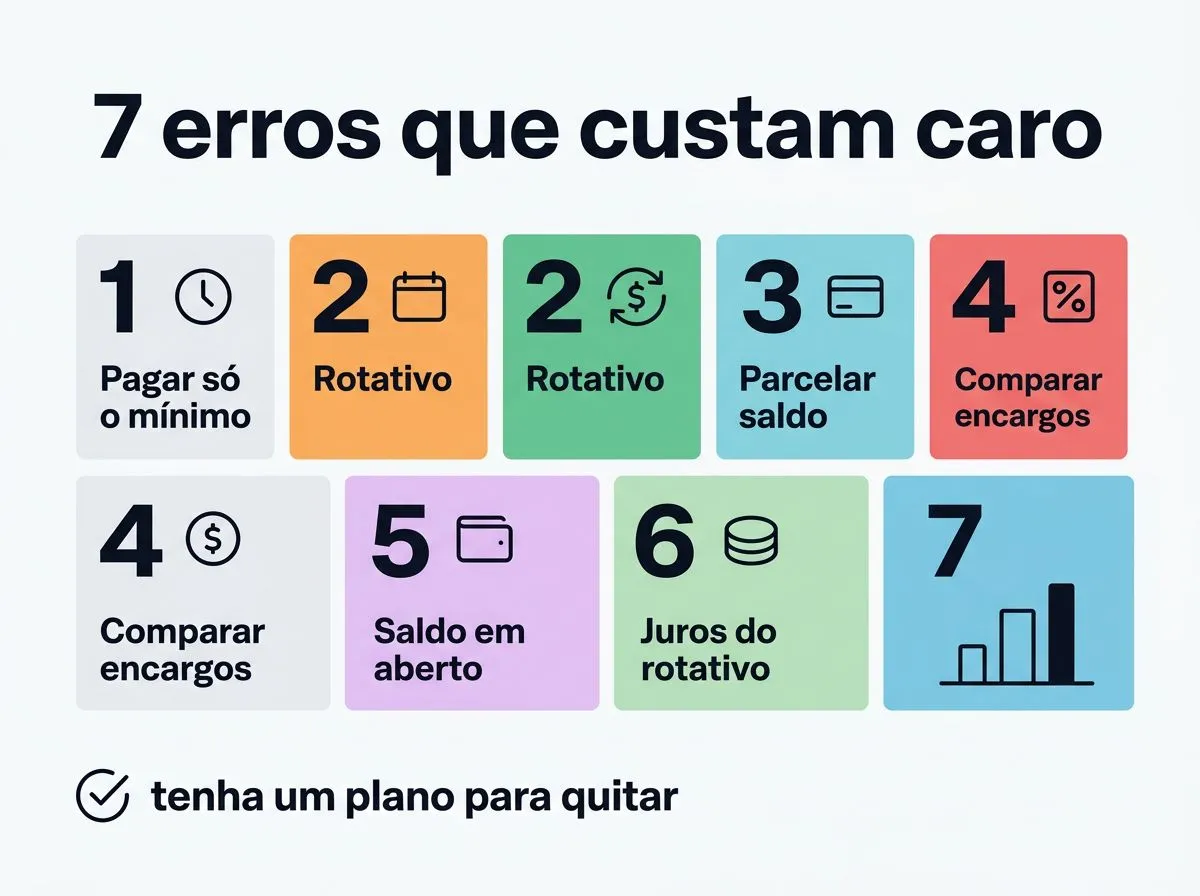 Infográfico com lista numerada dos erros que encarecem o cartão de crédito, com ícones e rótulos curtos.