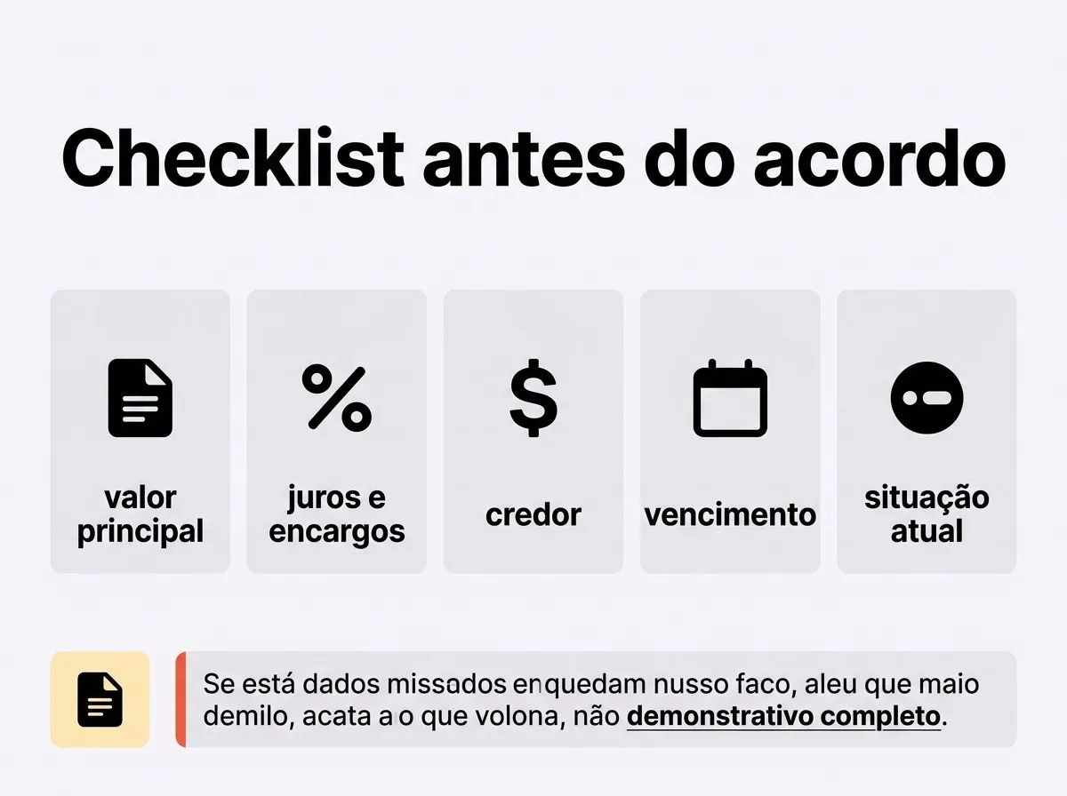 Infográfico com checklist para organizar dívidas antes de negociar, com rótulos curtos e ícones.