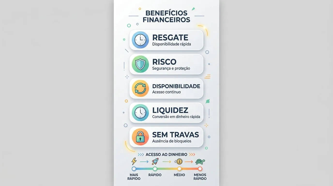 Infográfico com cartões sobre liquidez, risco e resgate rápido para reserva de emergência, com destaque para Tesouro Selic, CDB e fundos DI.