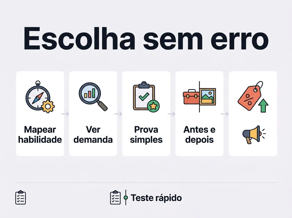 Infográfico com passos para escolher uma forma de renda extra com base em habilidade, demanda e prova de entrega.