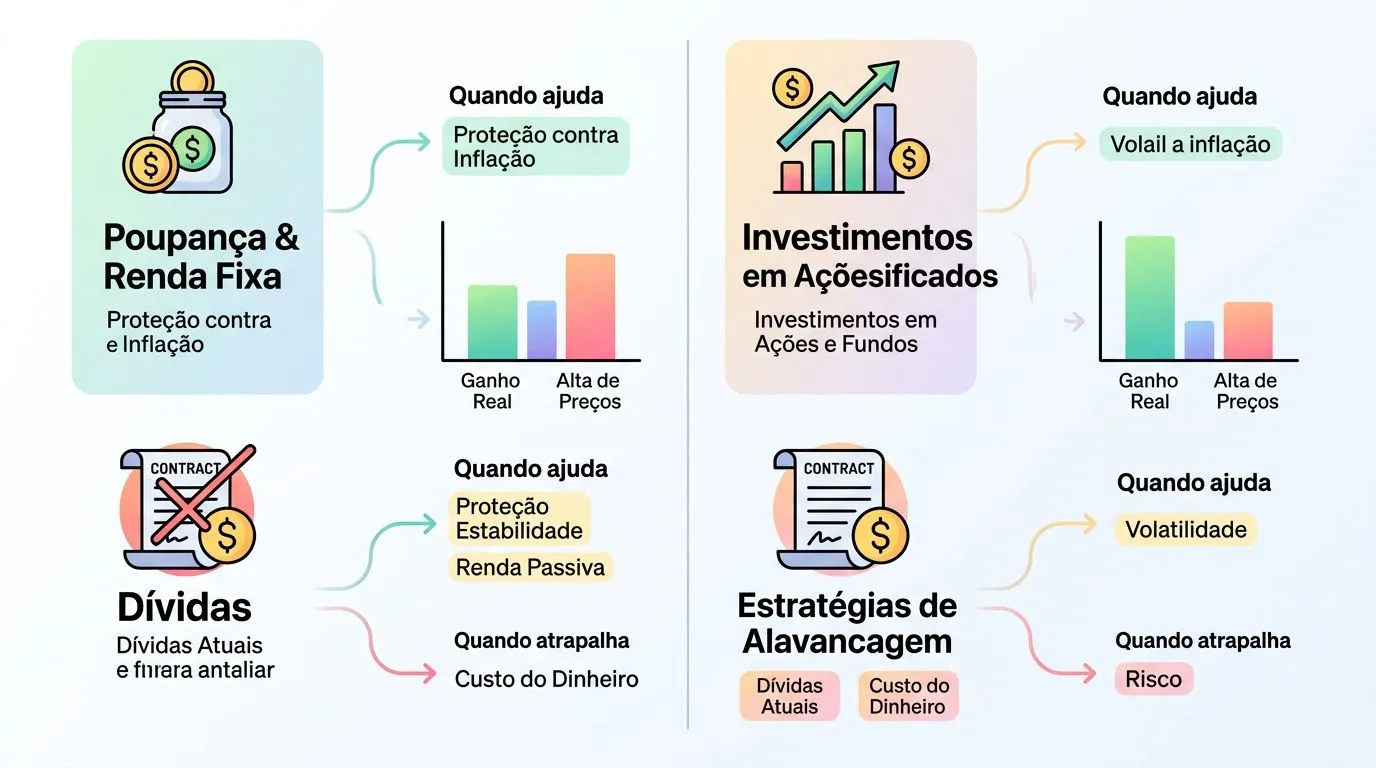 Ilustração comparativa mostrando como inflação afeta escolhas como poupança, renda fixa e dívidas.