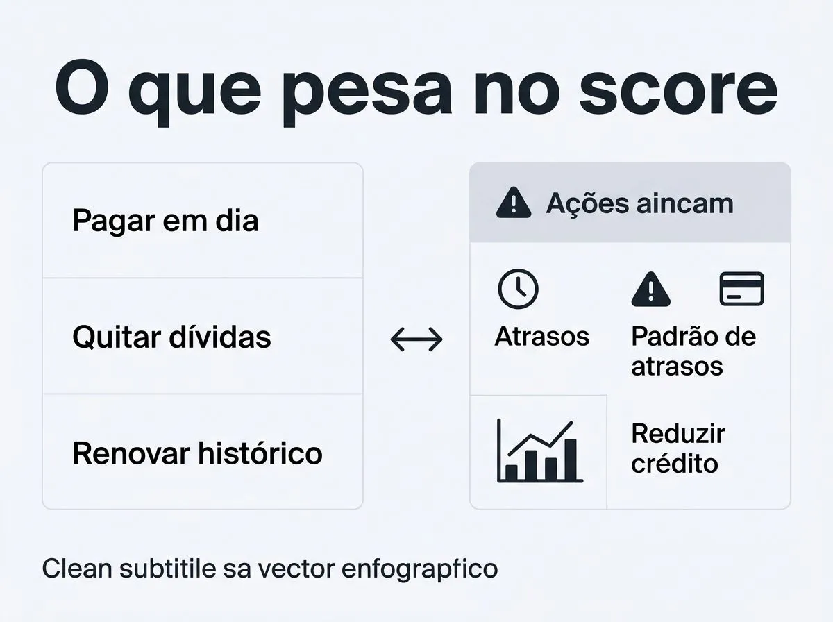 Infográfico com ações que tendem a melhorar ou piorar o score de crédito, com ícones e rótulos curtos, sem dados complexos.