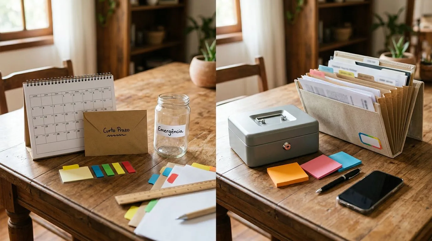 Organização de curto e longo prazo sobre a mesa com calendário desfocado e itens neutros