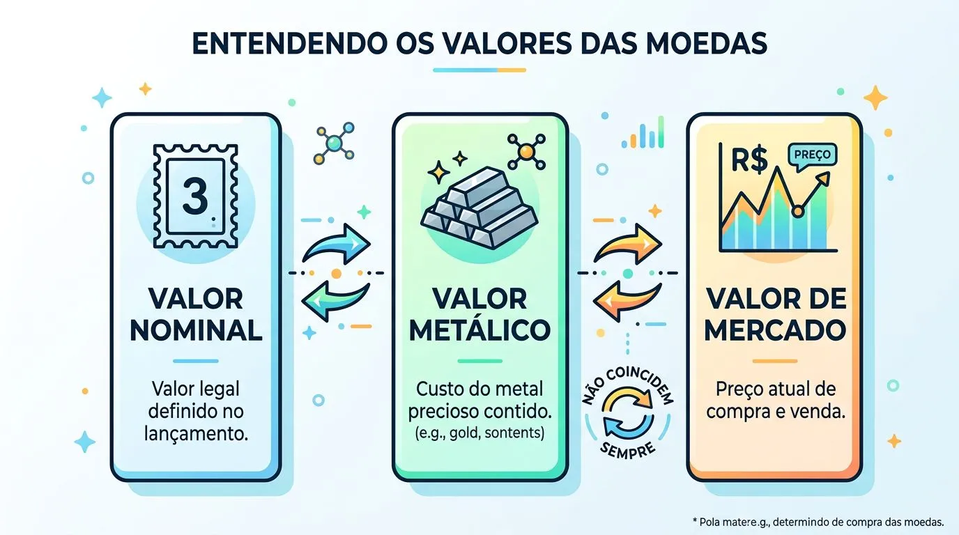 Infográfico comparando valor nominal, valor metálico e valor de mercado nas moedas.