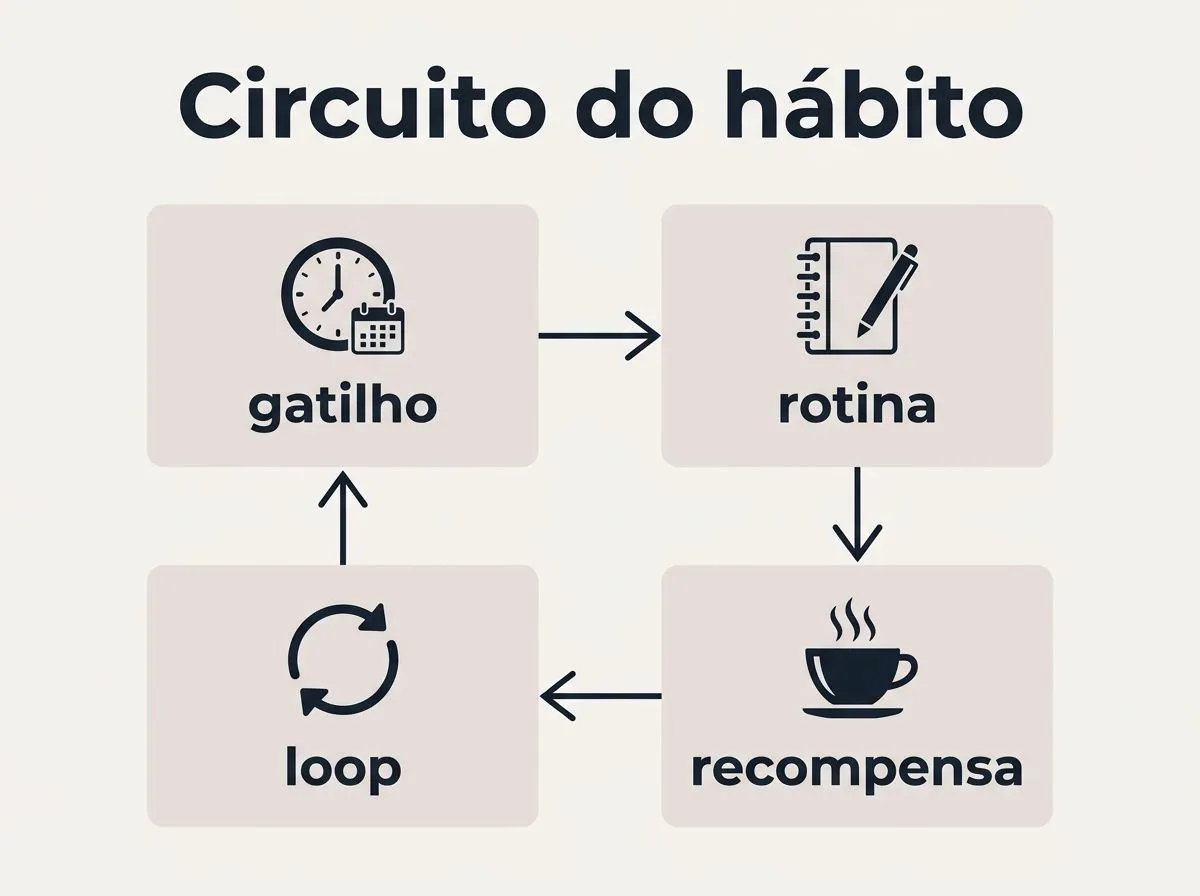 Infográfico em fluxo mostrando gatilho, rotina e recompensa formando um circuito de hábito.