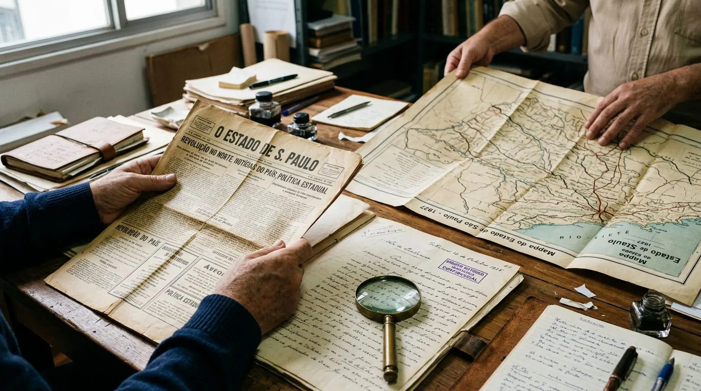 Pesquisador compara jornal antigo, manuscrito e mapa sobre a mesa, usando lupa, sem texto legível.