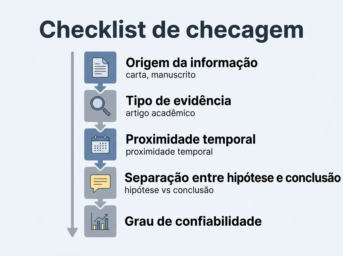 Infográfico com um checklist para distinguir evidência verificável de narrativa popular.