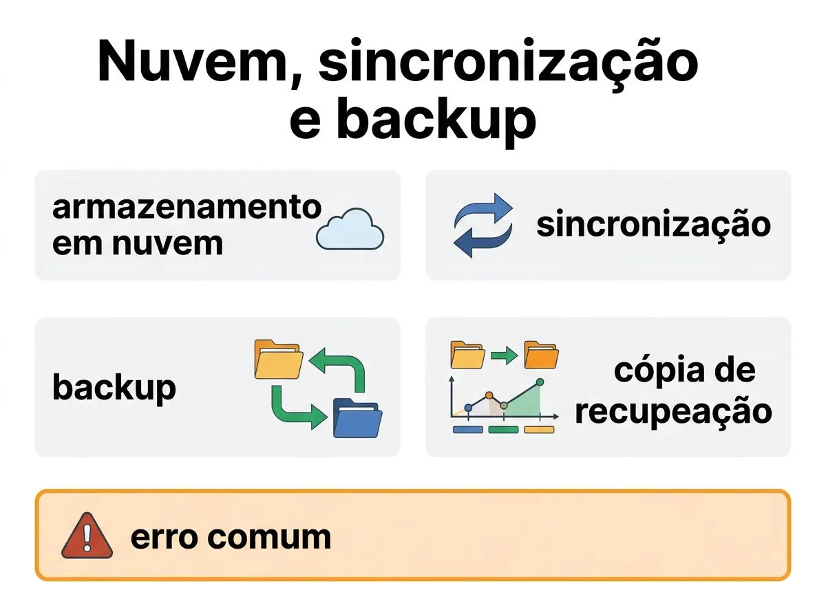 Infográfico comparando nuvem, sincronização e backup com ícones e rótulos