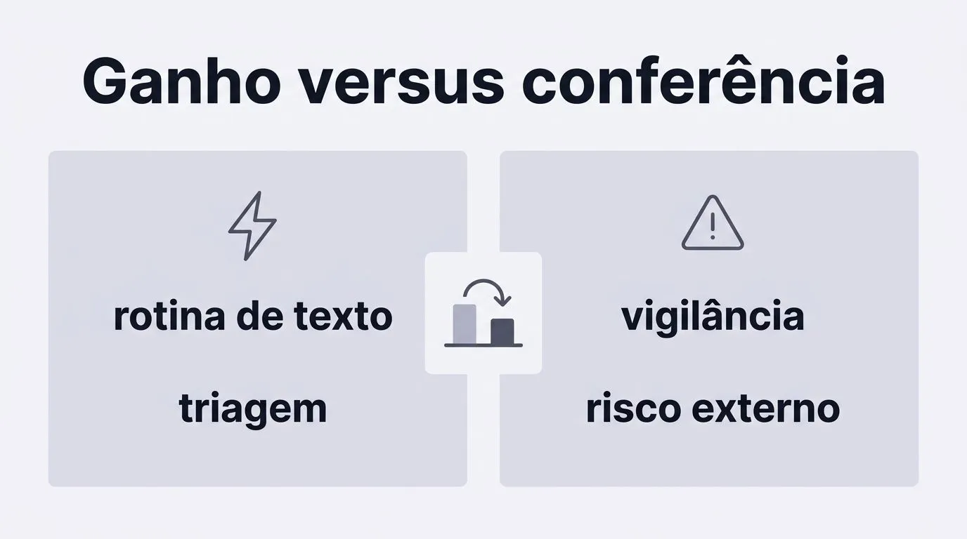 Gráfico comparativo visual entre tarefas com ganho de rotina e tarefas que exigem vigilância e conferência humana, em cena de design com ícones.