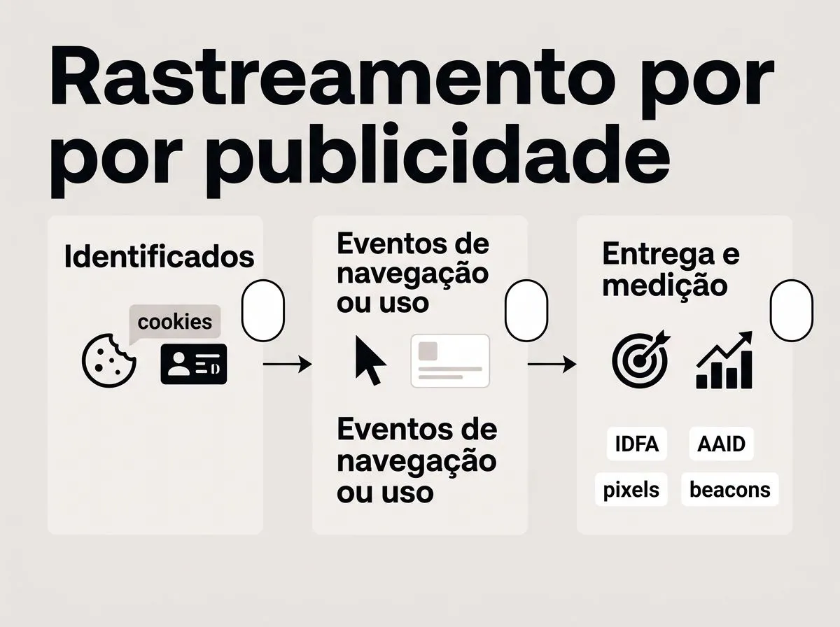 Infográfico com etapas do rastreamento por publicidade: cookies, identificadores, pixels e beacons.