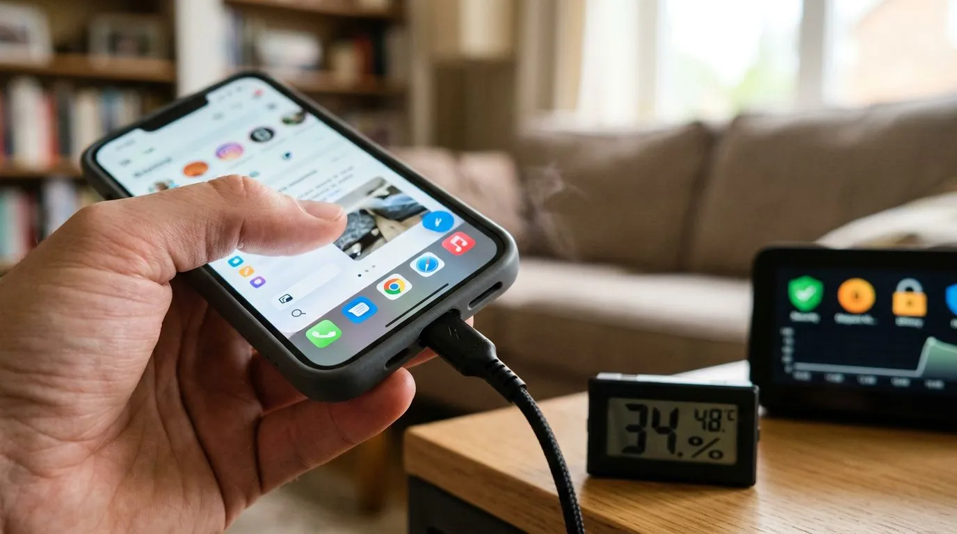 Smartphone carregando com sinais visuais de limites como bateria, aquecimento e privacidade, sem texto na imagem.