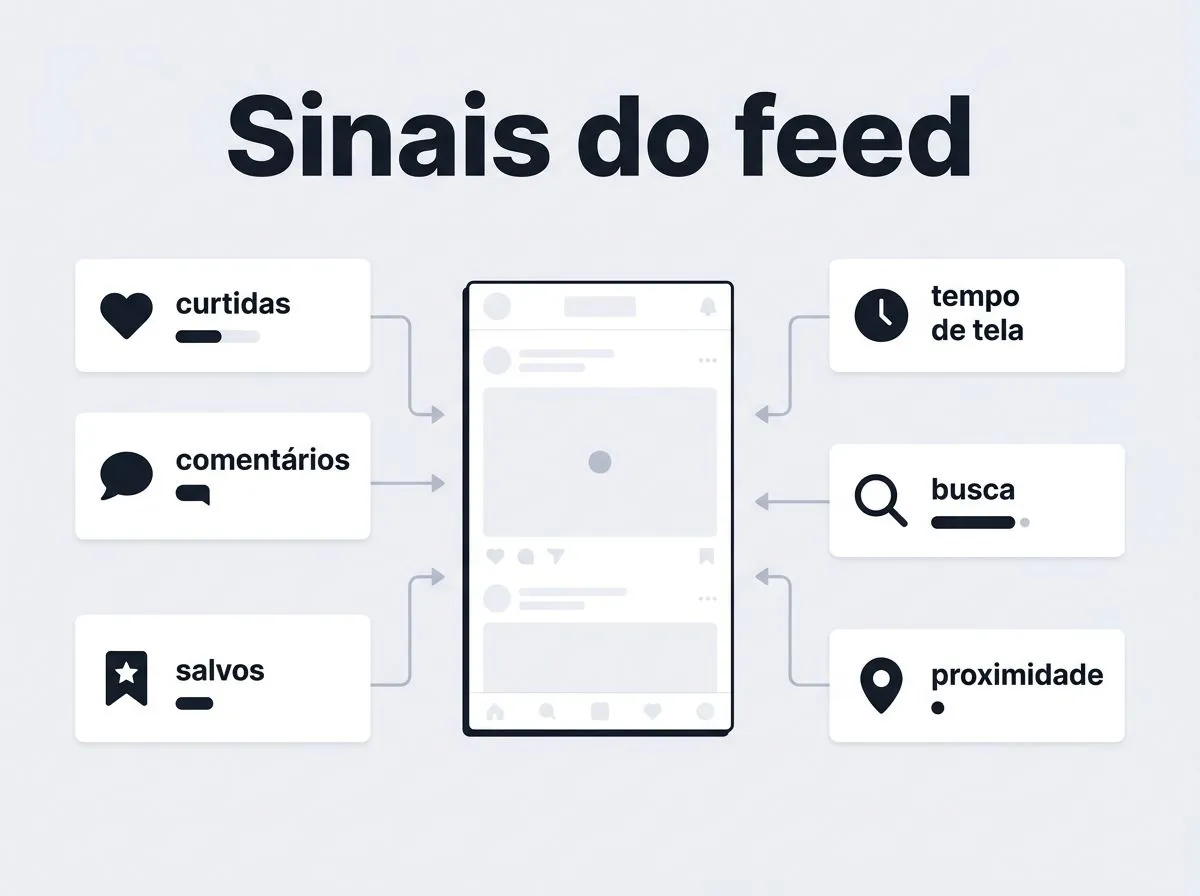 Infográfico com sinais que influenciam o feed (curtidas, salvamentos, busca e proximidade).