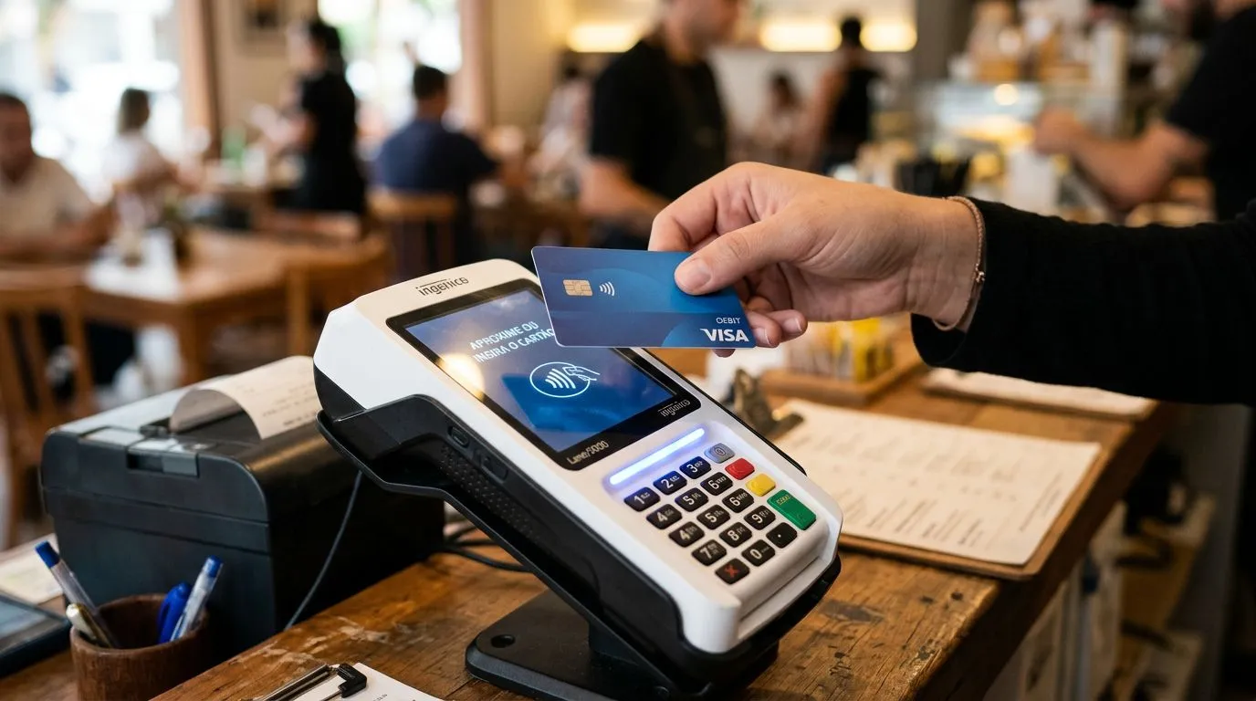 Cartão contactless perto do leitor do terminal POS para iniciar a autorização.