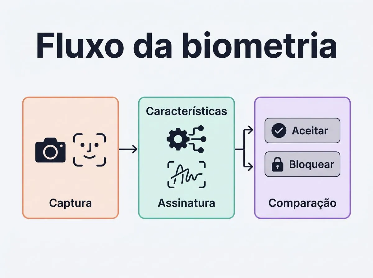 Infográfico com etapas do reconhecimento facial no celular: captura, extração, assinatura biométrica, comparação e decisão.