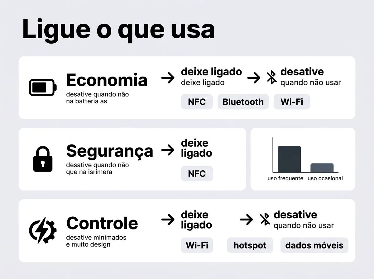 Infográfico com rótulos curtos mostrando o que deixar ligado para economizar bateria e melhorar a segurança.