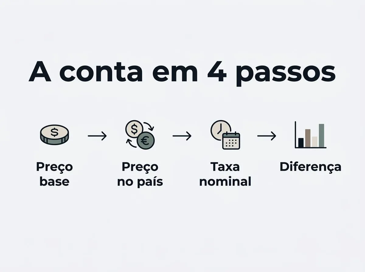 Infográfico de fluxo com moedas e seta explicando o cálculo do Índice Big Mac