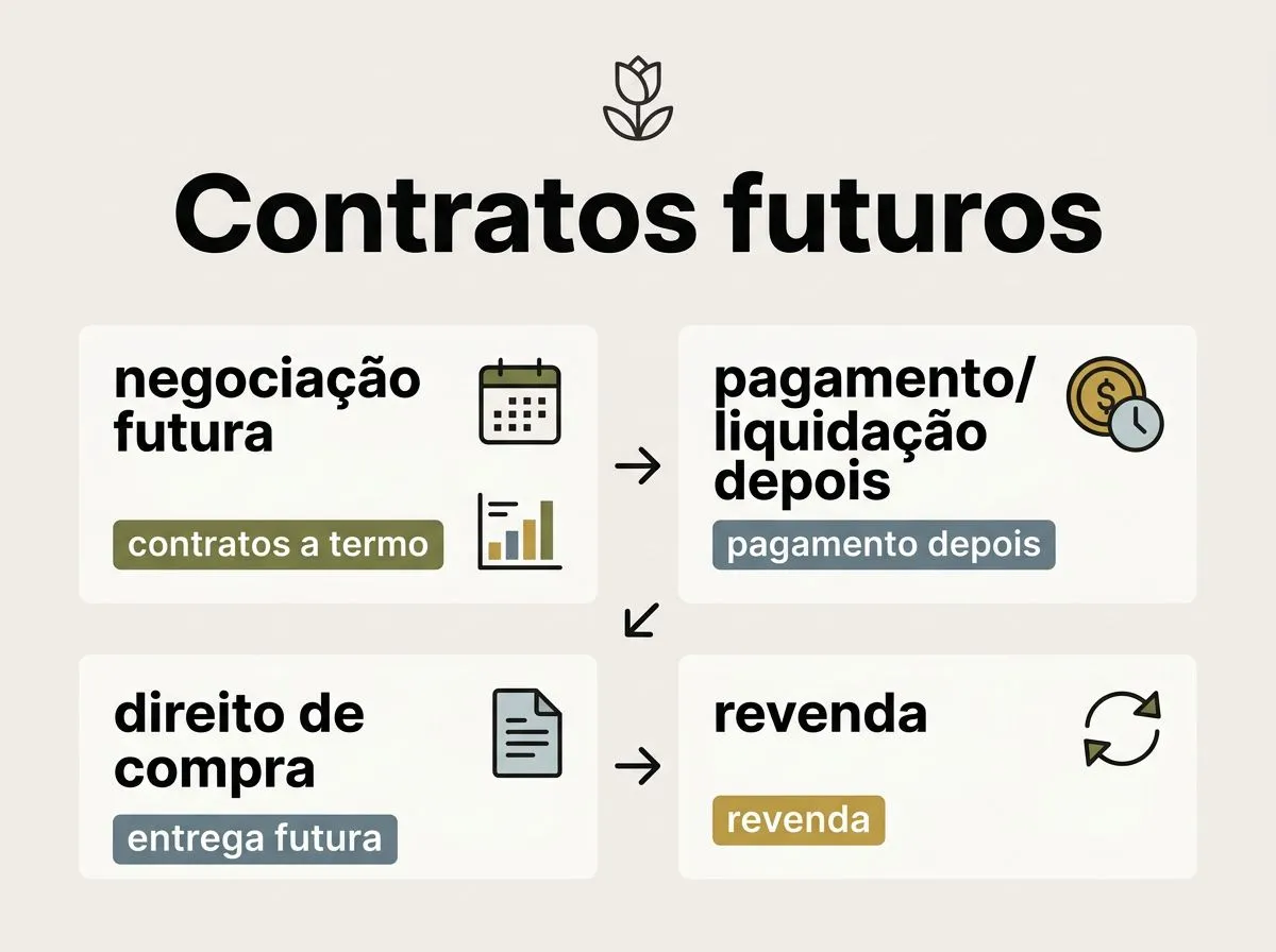Infográfico com blocos e setas explicando contratos a termo e negociações futuras de tulipas.