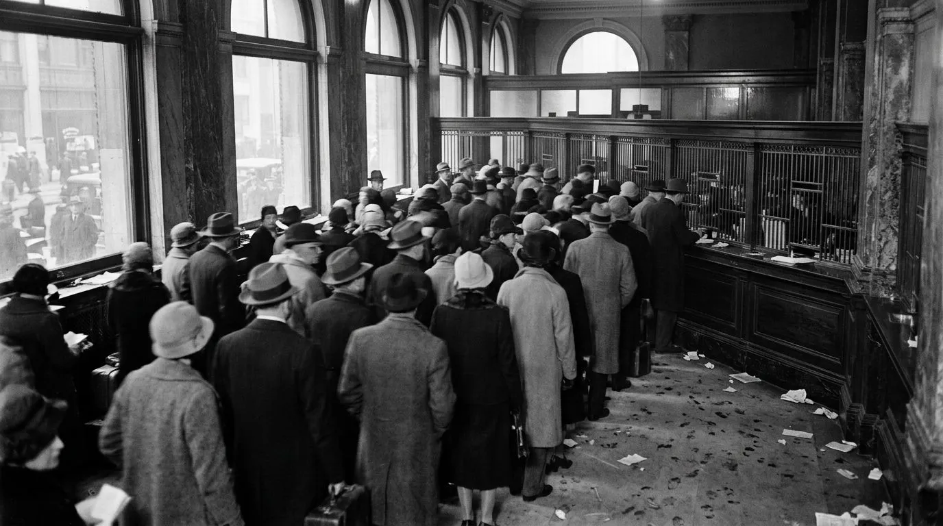 Interior de banco antigo com clima de pânico durante a crise bancária