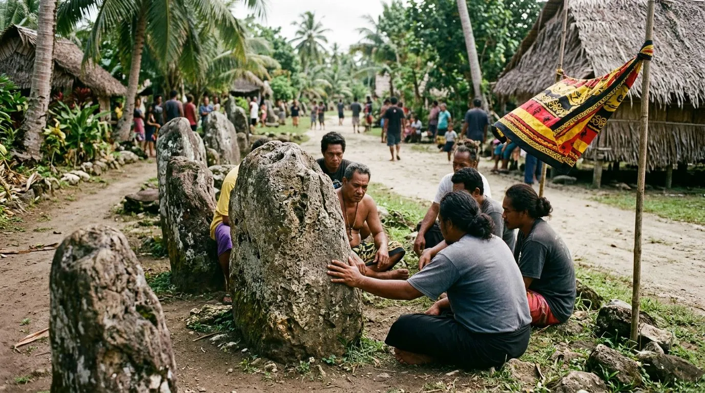 Cena em Yap sugerindo a mudança de posse das pedras rai sem deslocar as pedras.
