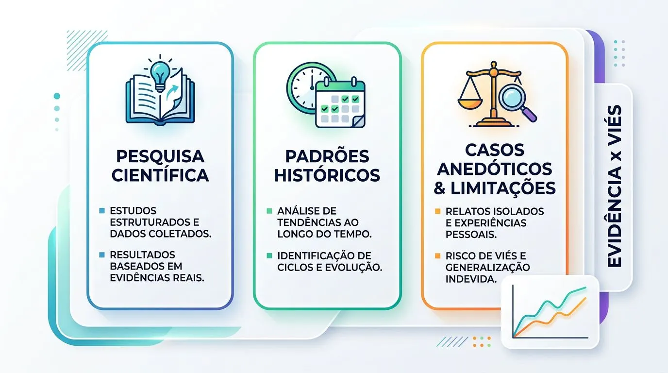 Infográfico comparando evidência em pesquisa, séries históricas e limitações de vieses e memória.