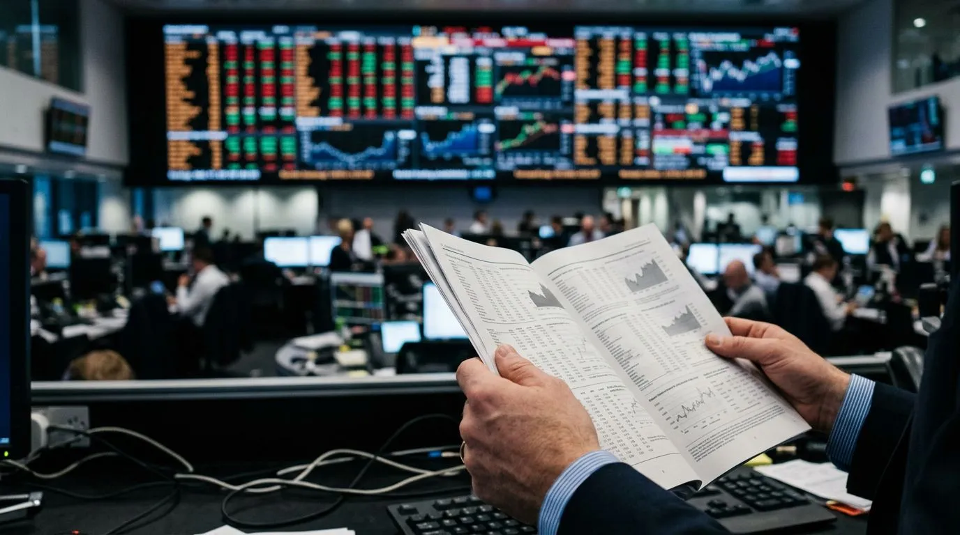 Ambiente de finanças com painel de gráficos abstratos desfocados e relatório sem texto legível.