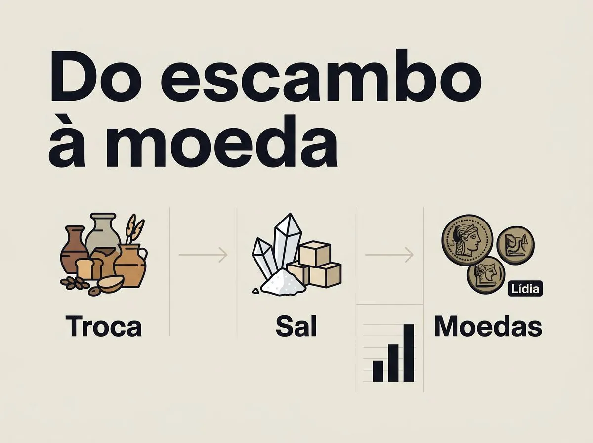 Infográfico apresenta a troca de bens, o sal e o surgimento das moedas na Lídia.
