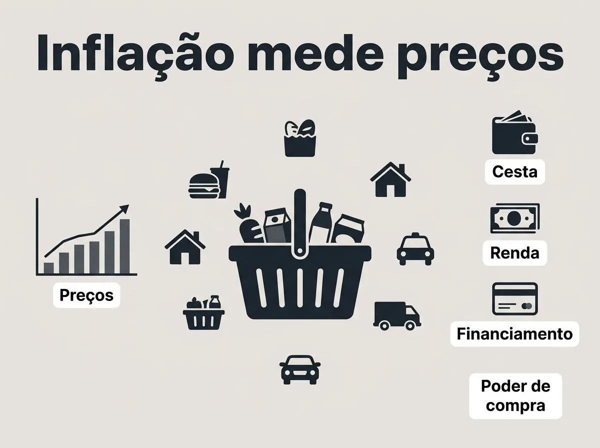 Infográfico distingue os preços da cesta de consumo do orçamento e das dívidas familiares.