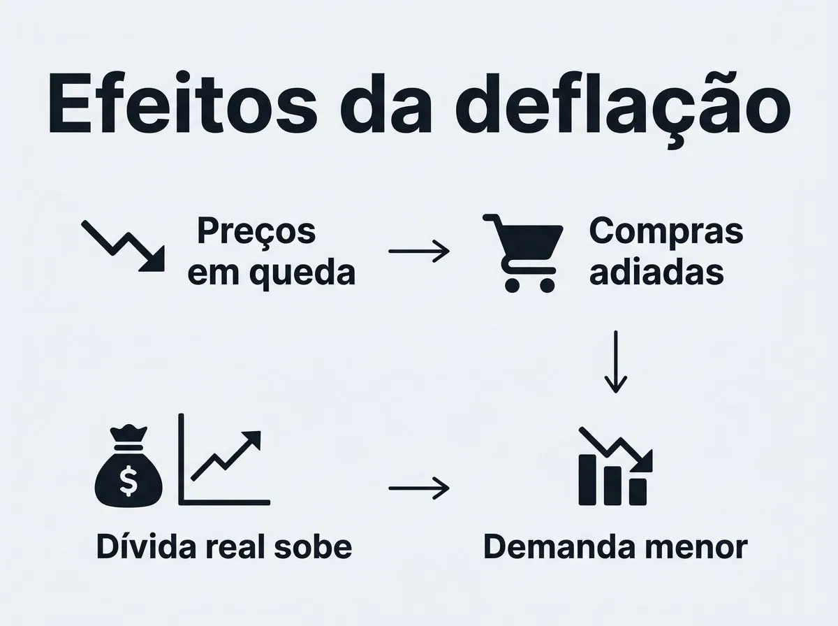 Infográfico mostra preços em queda ligados a compras adiadas, dívida real maior e demanda menor.