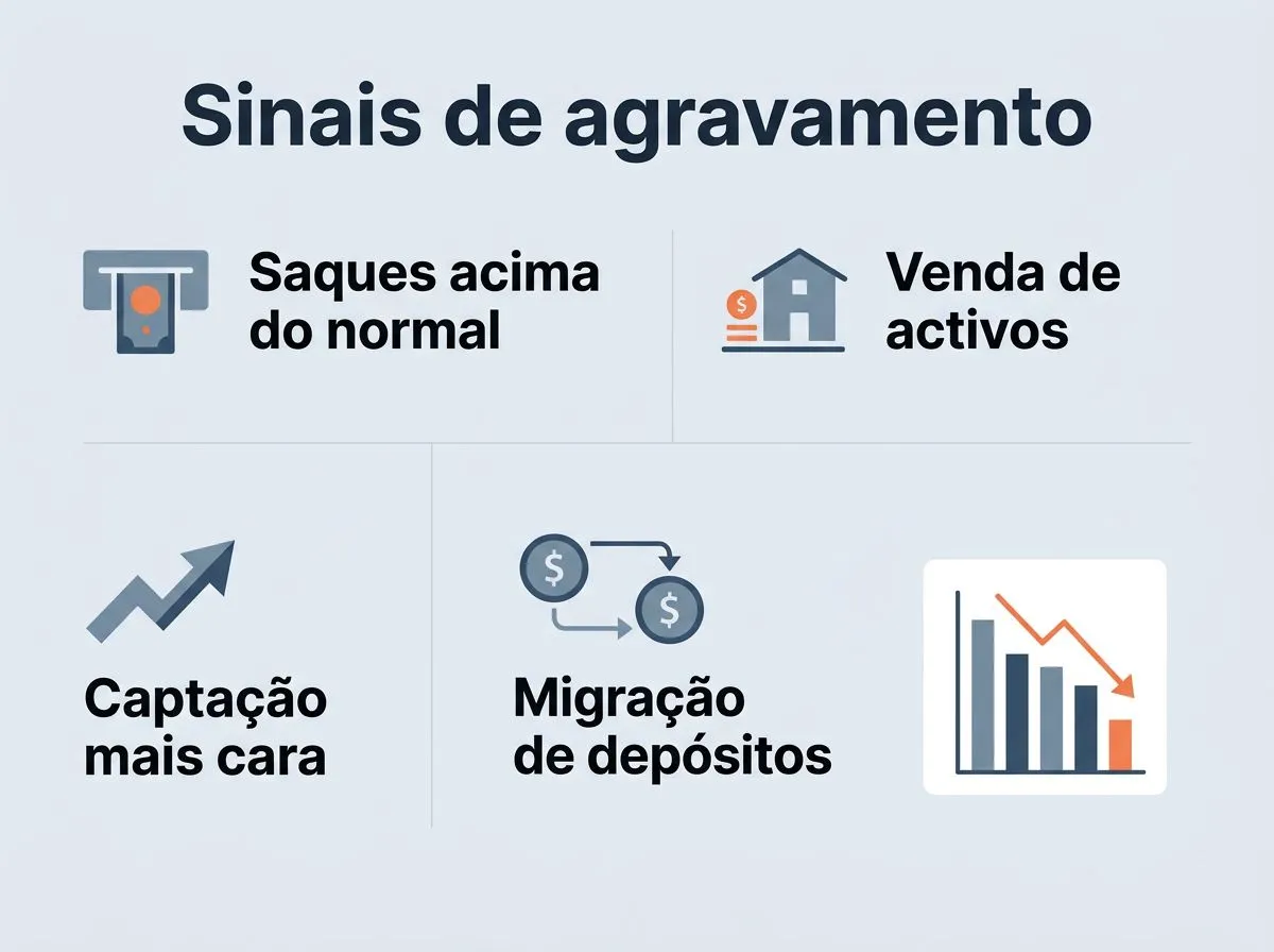 Infográfico com quatro sinais de agravamento de uma crise bancária: saques, venda de ativos, captação mais cara e migração de depósitos.