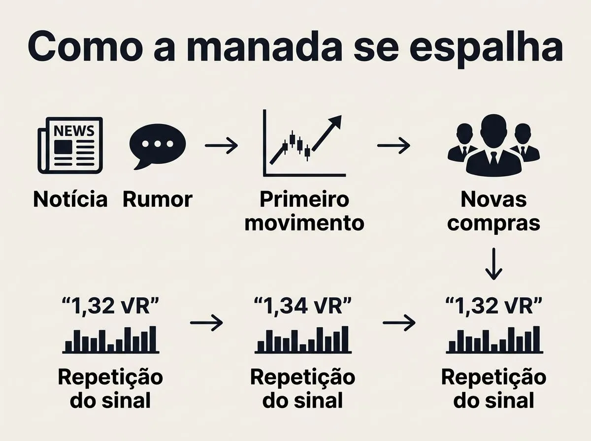Fluxo visual mostra uma notícia ou rumor atraindo movimentos sucessivos no mercado.