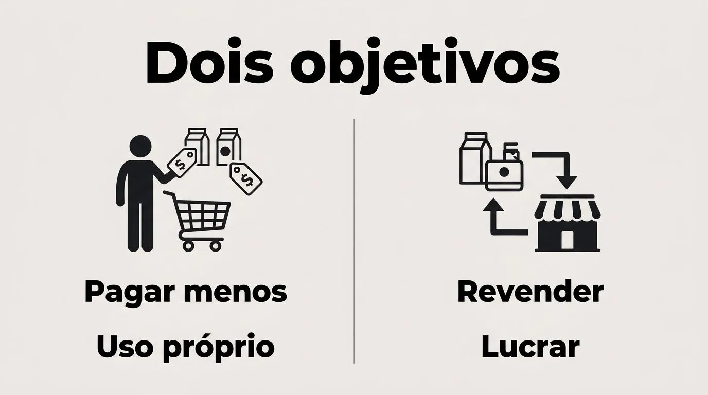 Infográfico compara a busca por pagar menos para uso próprio com a compra de um produto para revenda e lucro.
